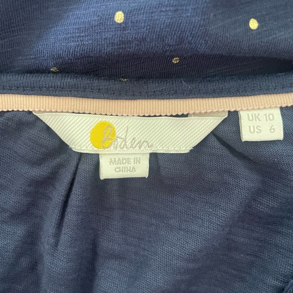 Boden Notch Neck Smocked Frill Top Cotton Blouse in Navy Gold Dot Size 6 T1034 - Picture 6 of 11